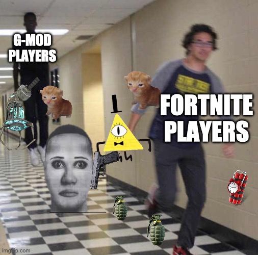 GET OFF HUBERT GET OFFFFFFF | G-MOD PLAYERS; FORTNITE PLAYERS | image tagged in floating boy chasing running boy | made w/ Imgflip meme maker