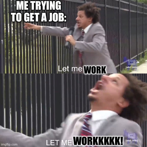 Let me work | ME TRYING TO GET A JOB:; WORK; WORKKKKK! | image tagged in let me in | made w/ Imgflip meme maker