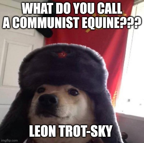 Leon Trot-sky | WHAT DO YOU CALL A COMMUNIST EQUINE??? LEON TROT-SKY | image tagged in russian doge | made w/ Imgflip meme maker