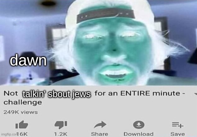 msmg slander 17 (i changed the name and made the picture inverted for no reason) | dawn; talkin' sbout jews | image tagged in not _____ for an entire minute - challenge | made w/ Imgflip meme maker