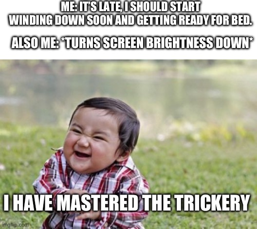 The trickery | ME: IT’S LATE, I SHOULD START WINDING DOWN SOON AND GETTING READY FOR BED. ALSO ME: *TURNS SCREEN BRIGHTNESS DOWN*; I HAVE MASTERED THE TRICKERY | image tagged in memes,evil toddler | made w/ Imgflip meme maker