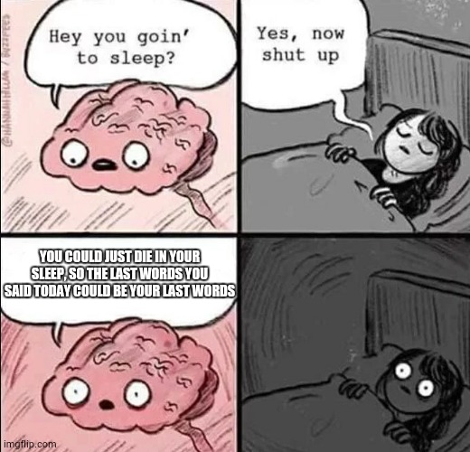 This is a real story | YOU COULD JUST DIE IN YOUR SLEEP, SO THE LAST WORDS YOU SAID TODAY COULD BE YOUR LAST WORDS | image tagged in waking up brain | made w/ Imgflip meme maker