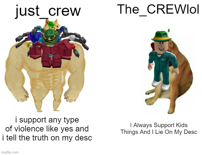 the boys in roblox | just_crew; The_CREWlol; i support any type of violence like yes and i tell the truth on my desc; I Always Support Kids Things And I Lie On My Desc | image tagged in memes,buff doge vs cheems | made w/ Imgflip meme maker