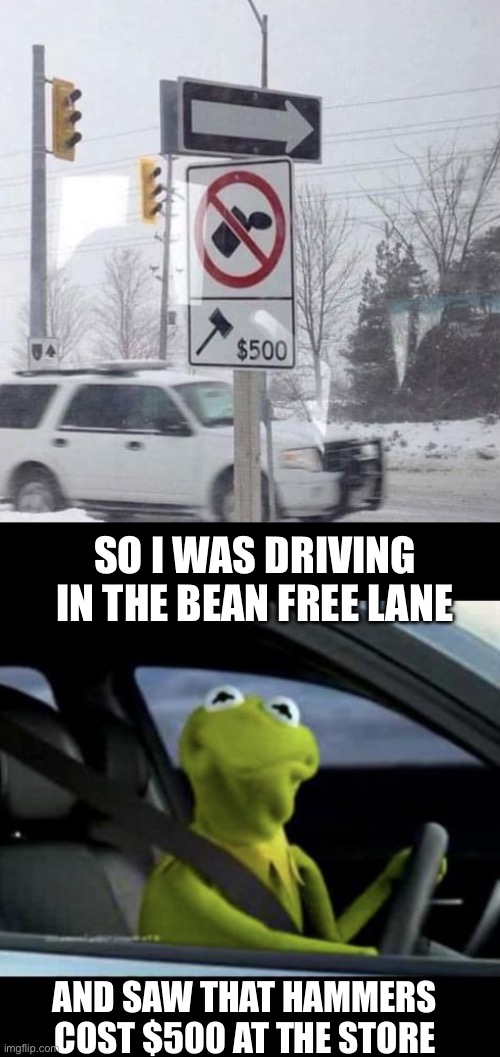 In the bean free lane | SO I WAS DRIVING IN THE BEAN FREE LANE; AND SAW THAT HAMMERS COST $500 AT THE STORE | image tagged in kermit driving,funny road signs,you had one job,beans,hammer | made w/ Imgflip meme maker