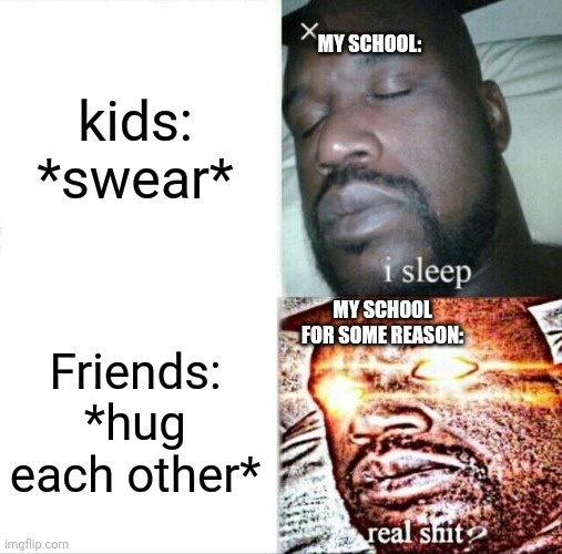 I don't know why my school is like this. | MY SCHOOL:; kids: *swear*; MY SCHOOL FOR SOME REASON:; Friends: *hug each other* | image tagged in memes,sleeping shaq | made w/ Imgflip meme maker