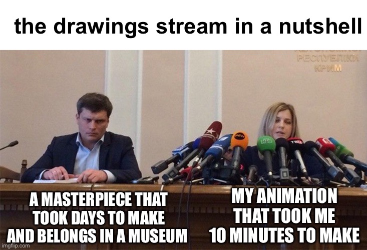 if any of y’all know how to animate, MAKE ONE AND POST IT IN DRAWINGS FOR AN EASY 2K POINTS | the drawings stream in a nutshell; MY ANIMATION THAT TOOK ME 10 MINUTES TO MAKE; A MASTERPIECE THAT TOOK DAYS TO MAKE AND BELONGS IN A MUSEUM | image tagged in man and woman microphone | made w/ Imgflip meme maker