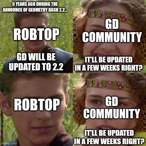 GD update for 2.2 be like | 5 YEARS AGO DURING THE ANNOUNCE OF GEOMETRY DASH 2.2... GD COMMUNITY; ROBTOP; GD WILL BE UPDATED TO 2.2; IT'LL BE UPDATED IN A FEW WEEKS RIGHT? ROBTOP; GD COMMUNITY; IT'LL BE UPDATED IN A FEW WEEKS RIGHT? | image tagged in anakin padme 4 panel | made w/ Imgflip meme maker