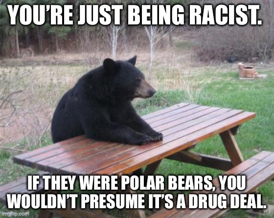 Bad Luck Bear Meme | YOU’RE JUST BEING RACIST. IF THEY WERE POLAR BEARS, YOU WOULDN’T PRESUME IT’S A DRUG DEAL. | image tagged in memes,bad luck bear | made w/ Imgflip meme maker