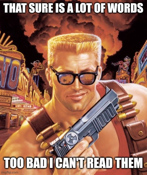 Duke Nukem | THAT SURE IS A LOT OF WORDS TOO BAD I CAN'T READ THEM | image tagged in duke nukem | made w/ Imgflip meme maker