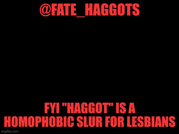 @FATE_HAGGOTS; FYI "HAGGOT" IS A HOMOPHOBIC SLUR FOR LESBIANS | made w/ Imgflip meme maker