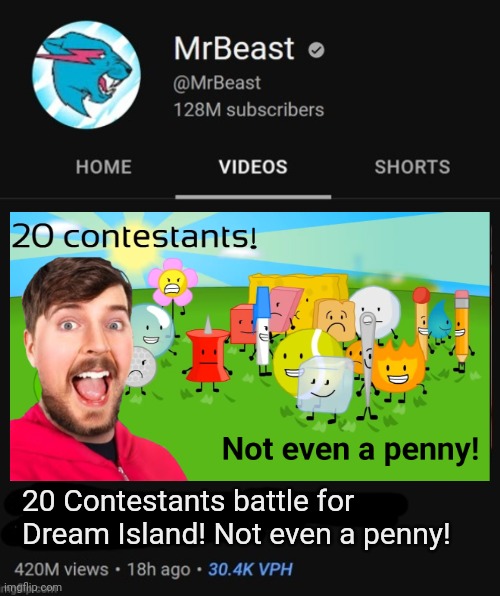 MrBeast thumbnail template | 20 Contestants battle for Dream Island! Not even a penny! | image tagged in mrbeast thumbnail template,bfdi,mrbeast,mr beast,youtube | made w/ Imgflip meme maker