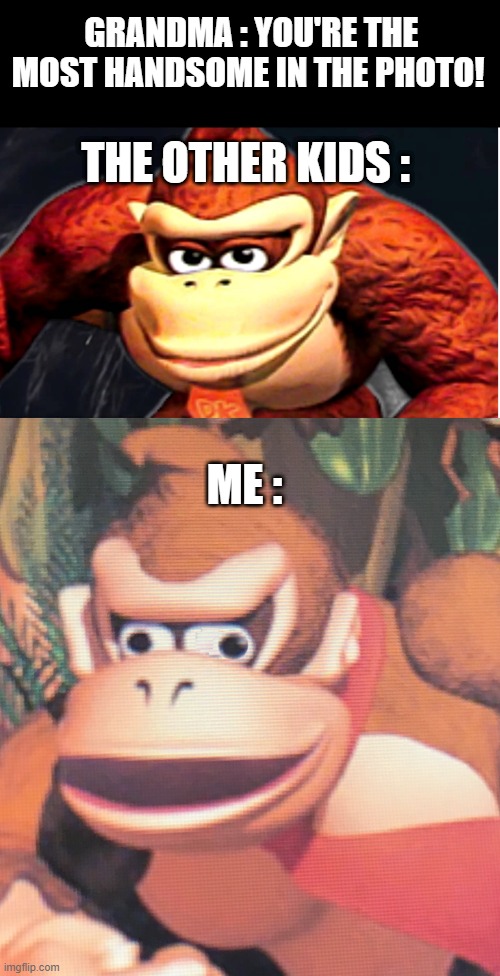 the class photo | GRANDMA : YOU'RE THE MOST HANDSOME IN THE PHOTO! THE OTHER KIDS :; ME : | image tagged in donkey kong s seducing face,donkey kong | made w/ Imgflip meme maker