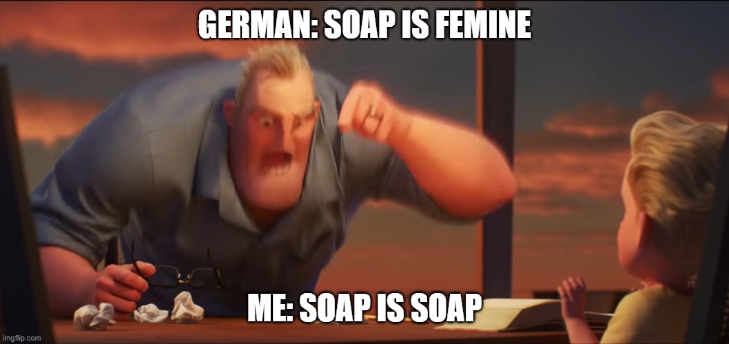 math is math | GERMAN: SOAP IS FEMINE; ME: SOAP IS SOAP | image tagged in math is math | made w/ Imgflip meme maker