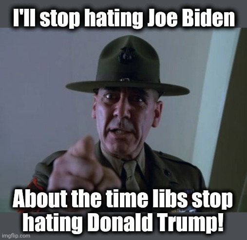 Sergeant Hartmann Meme | I'll stop hating Joe Biden About the time libs stop
hating Donald Trump! | image tagged in memes,sergeant hartmann | made w/ Imgflip meme maker