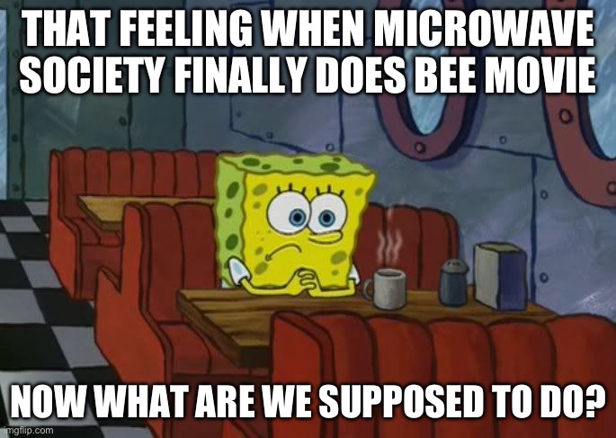 Sad Spongebob | THAT FEELING WHEN MICROWAVE
SOCIETY FINALLY DOES BEE MOVIE; NOW WHAT ARE WE SUPPOSED TO DO? | image tagged in sad spongebob,MicrowaveSociety | made w/ Imgflip meme maker