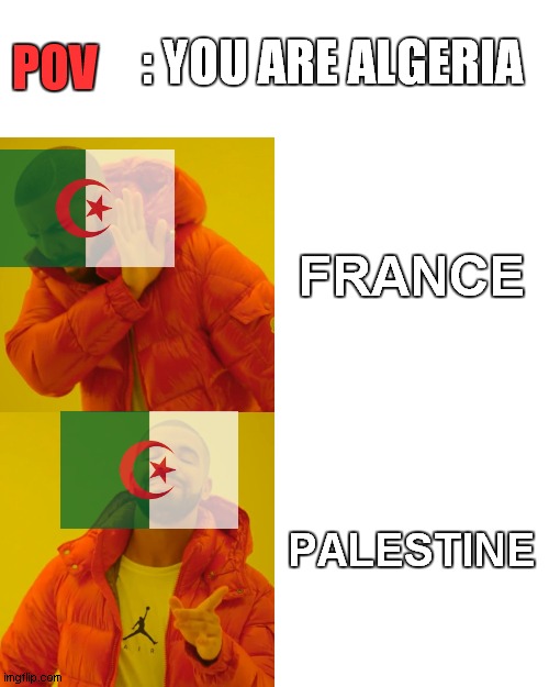 drake hotline bling is algeria (part 1) | : YOU ARE ALGERIA; POV; FRANCE; PALESTINE | image tagged in memes,drake hotline bling | made w/ Imgflip meme maker