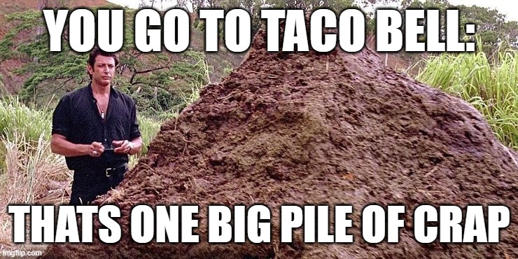 YOU GO TO TACO BELL:; THATS ONE BIG PILE OF CRAP | image tagged in taco bell | made w/ Imgflip meme maker