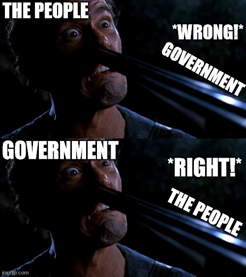 The does and don't of the relationship between free people and government. | THE PEOPLE; *WRONG!*; GOVERNMENT; GOVERNMENT; *RIGHT!*; THE PEOPLE | image tagged in evil ash gun nose,freedom,politics | made w/ Imgflip meme maker