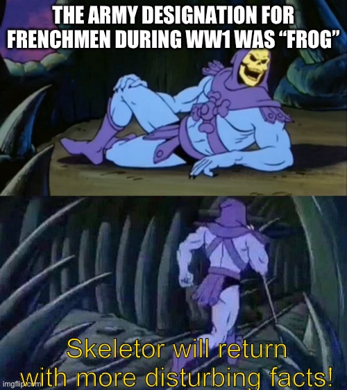 Yes, soldiers actually referred to French people as “Frog” because that was the army’s designation for them. | THE ARMY DESIGNATION FOR FRENCHMEN DURING WW1 WAS “FROG”; Skeletor will return with more disturbing facts! | image tagged in skeletor disturbing facts | made w/ Imgflip meme maker