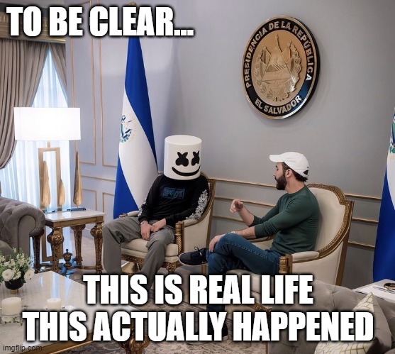 TO BE CLEAR... THIS IS REAL LIFE
THIS ACTUALLY HAPPENED | image tagged in el salvador,marshmello,surreal,dj | made w/ Imgflip meme maker
