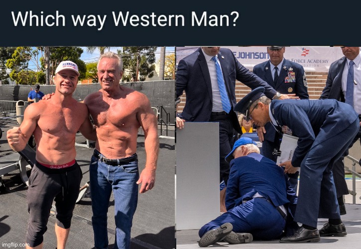 Which Way Western Man? Biden RFK JR. | image tagged in joe biden,biden falls,rfk jr,political meme,politicians,creepy joe biden | made w/ Imgflip meme maker