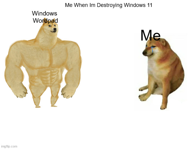 Windows Wordpad | Me When Im Destroying Windows 11; Windows 
Wordpad; Me | image tagged in memes,buff doge vs cheems | made w/ Imgflip meme maker