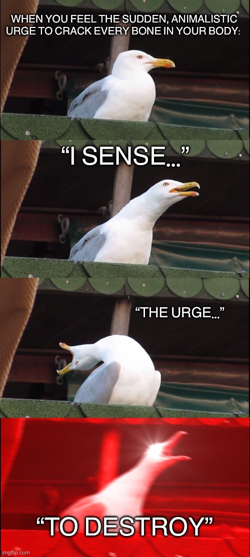Destruction | WHEN YOU FEEL THE SUDDEN, ANIMALISTIC URGE TO CRACK EVERY BONE IN YOUR BODY:; “I SENSE…”; “THE URGE…”; “TO DESTROY” | image tagged in memes,inhaling seagull,destruction,seagull | made w/ Imgflip meme maker