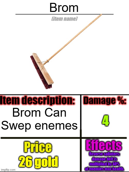 Brom | Brom; Brom Can Swep enemes; 4; 26 gold; Reverse splinters: damage delt is multiplied by 40% of enemies max health. | image tagged in item-shop extended | made w/ Imgflip meme maker