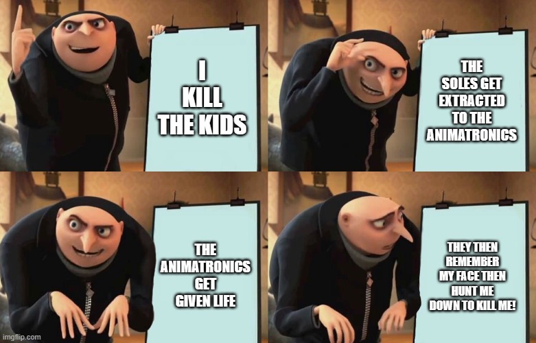 Purple guy planing to kill the soles of the animatronic be like: | I KILL THE KIDS; THE SOLES GET EXTRACTED TO THE ANIMATRONICS; THE ANIMATRONICS GET GIVEN LIFE; THEY THEN REMEMBER MY FACE THEN HUNT ME DOWN TO KILL ME! | image tagged in gru despicable diabolical plan | made w/ Imgflip meme maker
