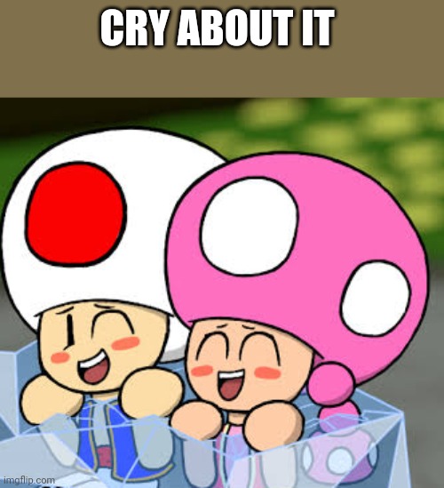 Toad and toadette Cry about it | CRY ABOUT IT | image tagged in toad and toadette laughing like cute babies | made w/ Imgflip meme maker