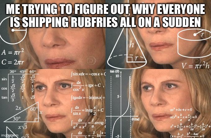 Does it have something to do with TPOT6?, I didn't go to the meetup | ME TRYING TO FIGURE OUT WHY EVERYONE IS SHIPPING RUBFRIES ALL ON A SUDDEN | image tagged in calculating meme | made w/ Imgflip meme maker