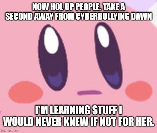 She's a target for cyberbullyibg, but she knows stuff. | NOW HOL UP PEOPLE. TAKE A SECOND AWAY FROM CYBERBULLYING DAWN; I'M LEARNING STUFF I WOULD NEVER KNEW IF NOT FOR HER. | image tagged in blank kirby face | made w/ Imgflip meme maker