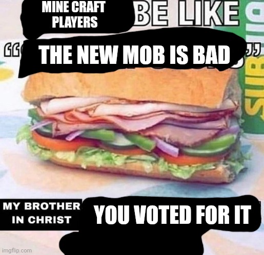 Yall voted for a mob thst sniffs stuff | MINE CRAFT 
PLAYERS; THE NEW MOB IS BAD; YOU VOTED FOR IT | image tagged in brother in christ subway | made w/ Imgflip meme maker