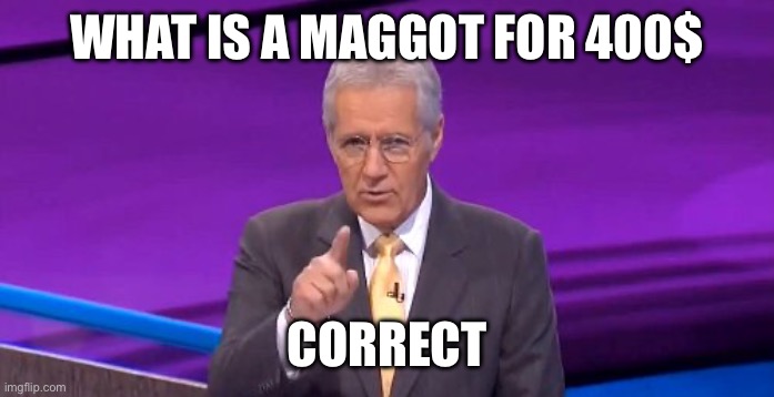 alex trebeck correct | WHAT IS A MAGGOT FOR 400$ CORRECT | image tagged in alex trebeck correct | made w/ Imgflip meme maker