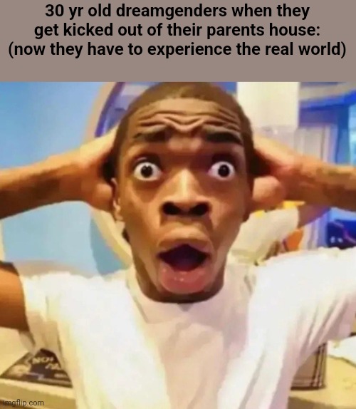 Shocked black guy grabbing head | 30 yr old dreamgenders when they get kicked out of their parents house: (now they have to experience the real world) | image tagged in shocked black guy grabbing head | made w/ Imgflip meme maker