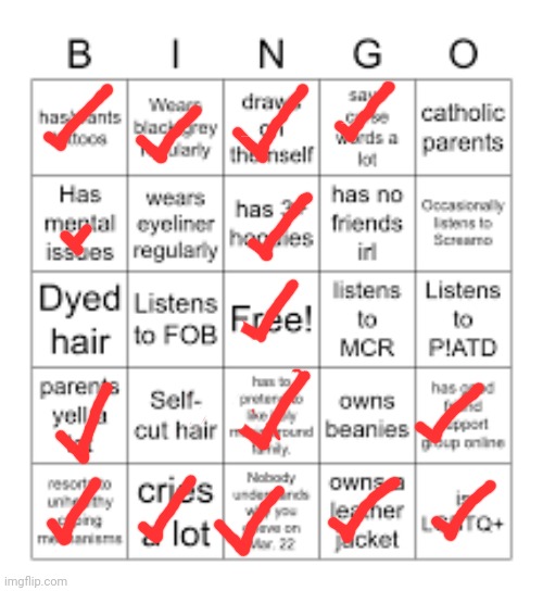 Emo bingo | image tagged in emo bingo | made w/ Imgflip meme maker