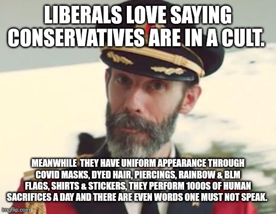 Captain Obvious | LIBERALS LOVE SAYING CONSERVATIVES ARE IN A CULT. MEANWHILE  THEY HAVE UNIFORM APPEARANCE THROUGH COVID MASKS, DYED HAIR, PIERCINGS, RAINBOW & BLM FLAGS, SHIRTS & STICKERS, THEY PERFORM 1000S OF HUMAN SACRIFICES A DAY AND THERE ARE EVEN WORDS ONE MUST NOT SPEAK. | image tagged in captain obvious | made w/ Imgflip meme maker