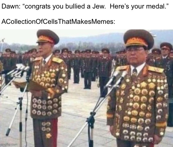 North korean medals | Dawn: “congrats you bullied a Jew.  Here’s your medal.”
 
ACollectionOfCellsThatMakesMemes: | image tagged in north korean medals | made w/ Imgflip meme maker