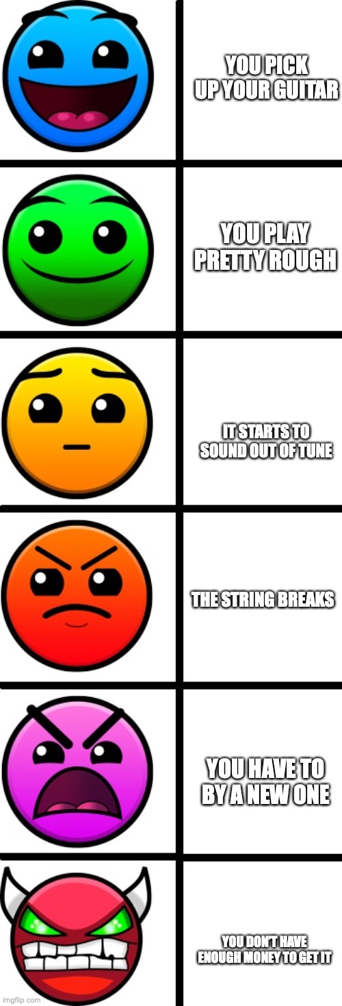 idk im bored | YOU PICK UP YOUR GUITAR; YOU PLAY PRETTY ROUGH; IT STARTS TO SOUND OUT OF TUNE; THE STRING BREAKS; YOU HAVE TO BY A NEW ONE; YOU DON’T HAVE ENOUGH MONEY TO GET IT | image tagged in geometry dash difficulty faces | made w/ Imgflip meme maker