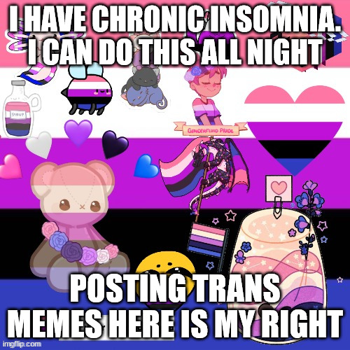 Genderfluid pride template | I HAVE CHRONIC INSOMNIA. I CAN DO THIS ALL NIGHT; POSTING TRANS MEMES HERE IS MY RIGHT | image tagged in genderfluid pride template | made w/ Imgflip meme maker