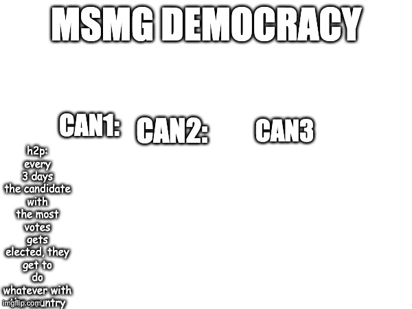 become candidate now!! | h2p: every 3 days the candidate with the most votes gets elected, they get to do whatever with the country; MSMG DEMOCRACY; CAN1:; CAN2:; CAN3 | image tagged in country,msmg,game | made w/ Imgflip meme maker