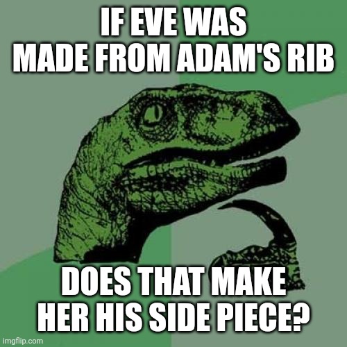 Philosoraptor | IF EVE WAS MADE FROM ADAM'S RIB; DOES THAT MAKE HER HIS SIDE PIECE? | image tagged in memes,philosoraptor | made w/ Imgflip meme maker