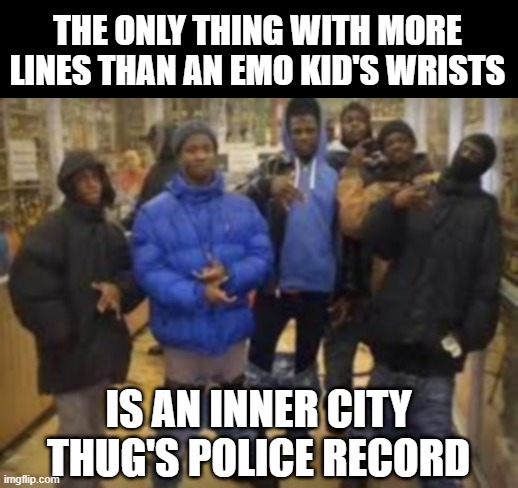 I Got a Reord | THE ONLY THING WITH MORE LINES THAN AN EMO KID'S WRISTS; IS AN INNER CITY THUG'S POLICE RECORD | image tagged in group of thugs | made w/ Imgflip meme maker