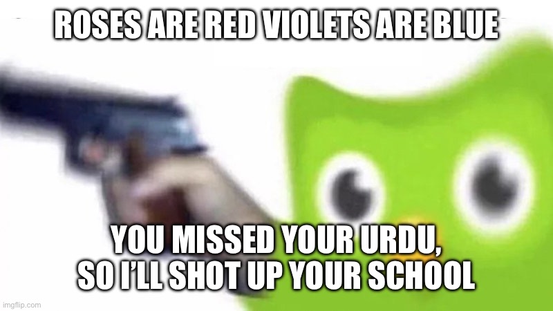 Urdu or your school | ROSES ARE RED VIOLETS ARE BLUE; YOU MISSED YOUR URDU, SO I’LL SHOT UP YOUR SCHOOL | image tagged in duolingo gun | made w/ Imgflip meme maker