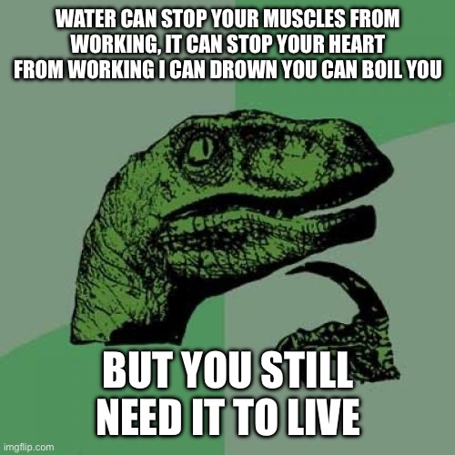 Water | WATER CAN STOP YOUR MUSCLES FROM WORKING, IT CAN STOP YOUR HEART FROM WORKING I CAN DROWN YOU CAN BOIL YOU; BUT YOU STILL NEED IT TO LIVE | image tagged in memes,philosoraptor | made w/ Imgflip meme maker