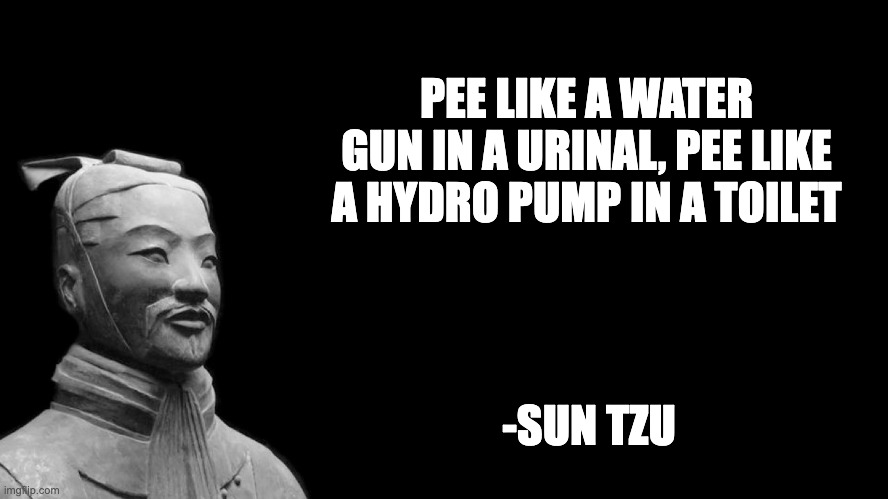 had a bad experience one time | PEE LIKE A WATER GUN IN A URINAL, PEE LIKE A HYDRO PUMP IN A TOILET; -SUN TZU | image tagged in sun tzu | made w/ Imgflip meme maker