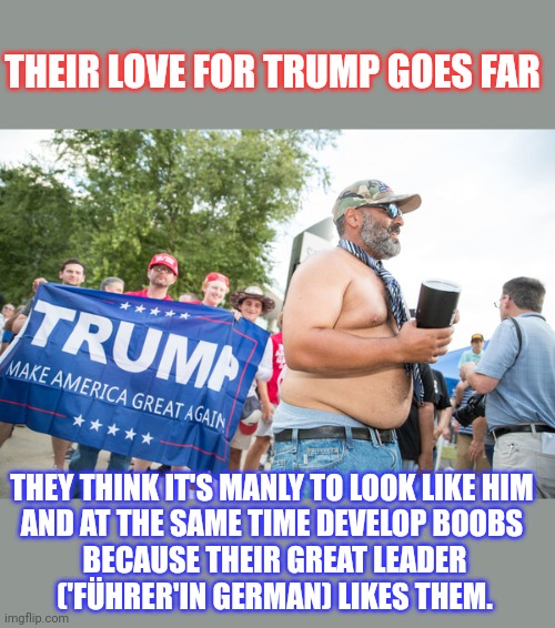 In general docile people want to look like their Great Leader | THEIR LOVE FOR TRUMP GOES FAR; THEY THINK IT'S MANLY TO LOOK LIKE HIM 
AND AT THE SAME TIME DEVELOP BOOBS 
BECAUSE THEIR GREAT LEADER
('FÜHRER'IN GERMAN) LIKES THEM. | image tagged in lookalike,donald trump,maga,sheep,docile,think about it | made w/ Imgflip meme maker