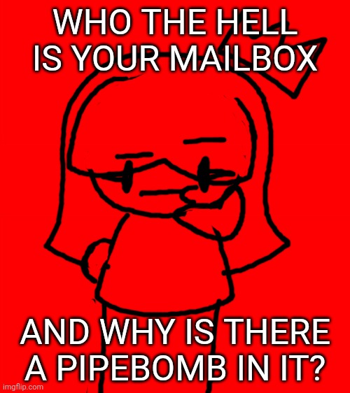 Bigass red blank template | WHO THE HELL IS YOUR MAILBOX; AND WHY IS THERE A PIPEBOMB IN IT? | image tagged in bigass red blank template,idk,stuff,s o u p,carck,minty | made w/ Imgflip meme maker