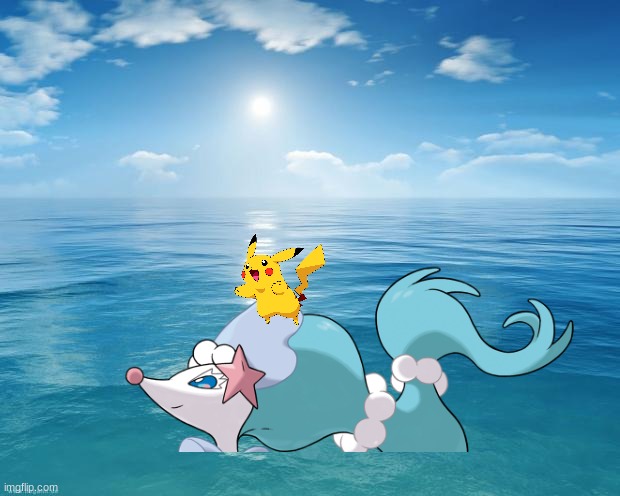 primarina gives pikachu a ride | image tagged in ocean,primarina,pikachu,pokemon | made w/ Imgflip meme maker