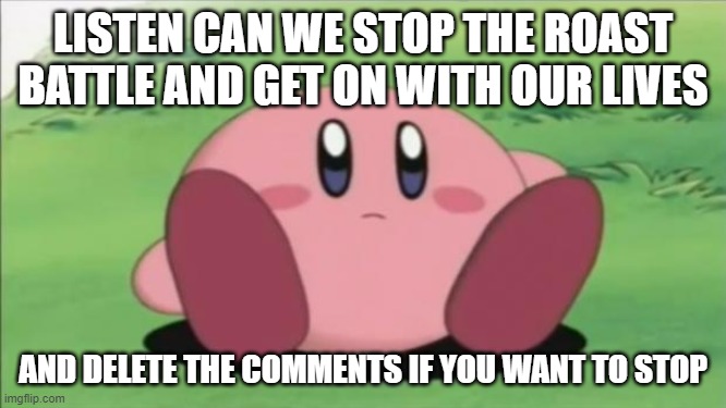 kirby | LISTEN CAN WE STOP THE ROAST BATTLE AND GET ON WITH OUR LIVES AND DELETE THE COMMENTS IF YOU WANT TO STOP | image tagged in kirby | made w/ Imgflip meme maker